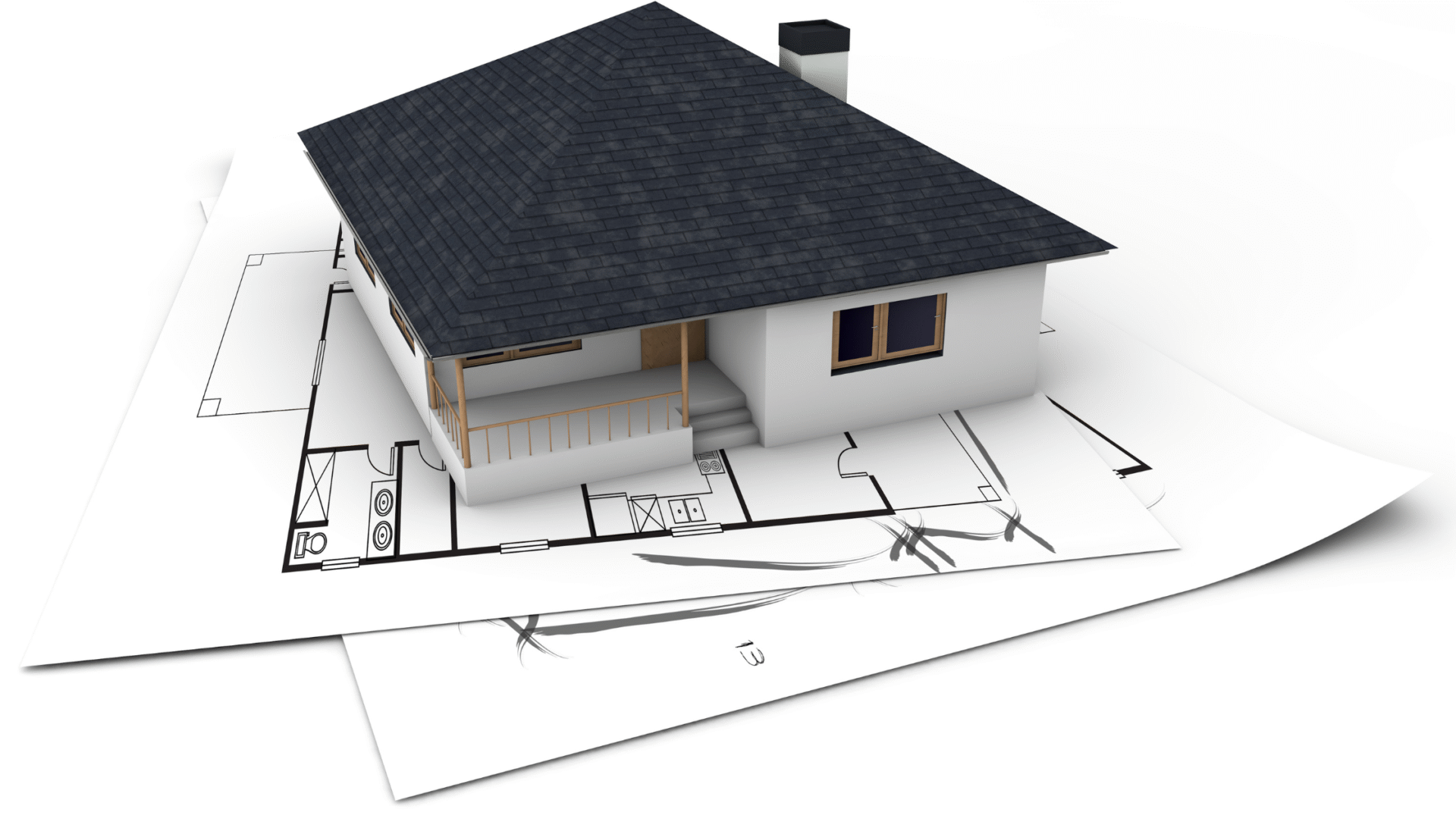 Illustratie van een huis op een bouwtekening ter voorbereiding op dakrenovatie in het voorjaar